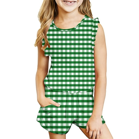 lulshou Summer Sets for Kids 2025 Fashion Girls' Casual Sleeveless Round Neck Collar Printed Short Pants Sets Green