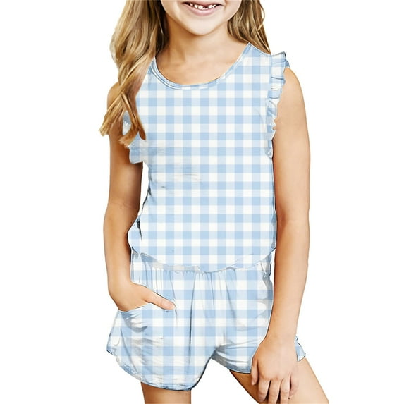 lulshou Summer Sets for Kids 2025 Fashion Girls' Casual Sleeveless Round Neck Collar Printed Short Pants Sets Light Blue