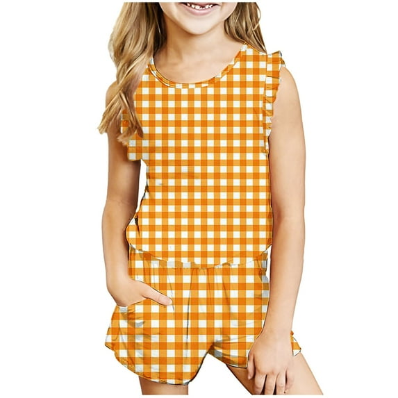 lulshou Summer Sets for Kids 2025 Fashion Girls' Casual Sleeveless Round Neck Collar Printed Short Pants Sets Yellow