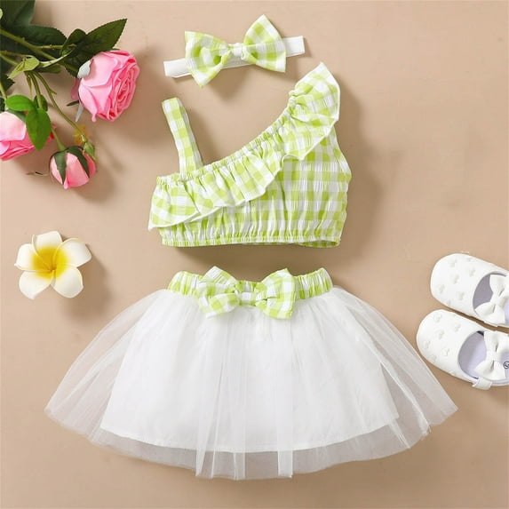 lulshou Summer Sets for Kids 2025 Skirt Suit Top Gauze Skirt Set Sleeveless Top Bow Skirt Set Girl's Top and Skirt Two-piece Set Green
