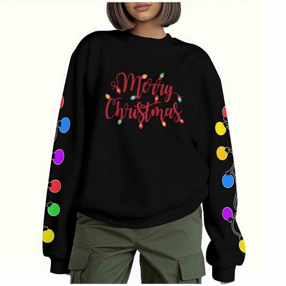 lulshou Sweatshirt for Women Christmas "Merry Christmas" Print Sweatshirt Fleece Crewneck Pullover Cozy Long Sleeve Casual Top, Black, M