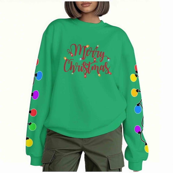 lulshou Sweatshirt for Women Christmas "Merry Christmas" Print Sweatshirt Fleece Crewneck Pullover Cozy Long Sleeve Casual Top, Green, S