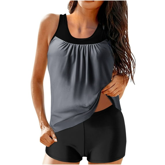 lulshou Two Piece Swimsuit for Women, Women's Color Blocking Solid Color Strappy Back Set Two Piece Swimsuits Swimdress Bikini Set Gray XL