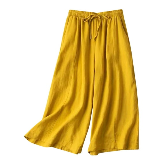 lulshou Wide Leg Pants Woman, Women's Spring Summer Solid Color Loose Leisure Retro Drawstring Frenulum Broad Leg Pants Capris