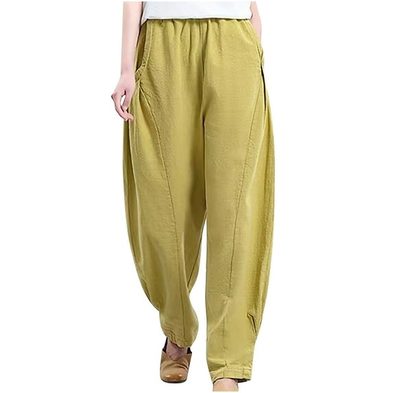 lulshou Wide Leg Pants Woman, Women's Summer Printed Five Points Large Size Cotton Linen Pants Fashion Versatile Casual Pants