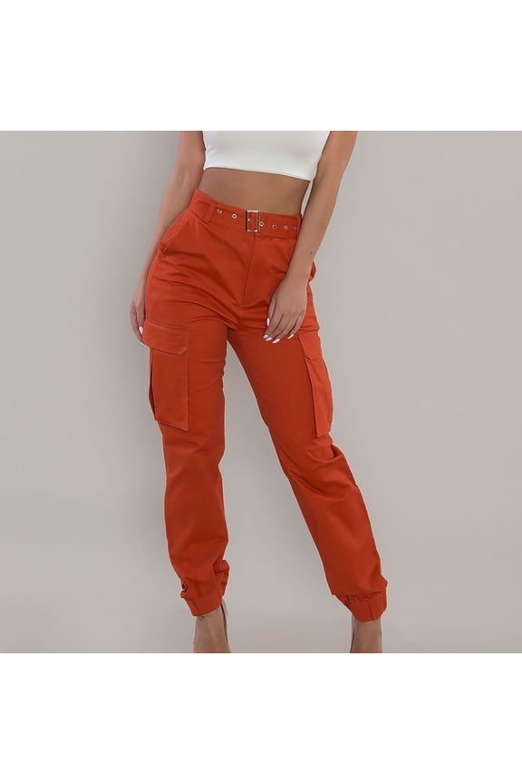 Women Casual Solid Color Cargo Pants with Pockets Buttons Elastic Waist Comfortable Straight Pants Work Pants