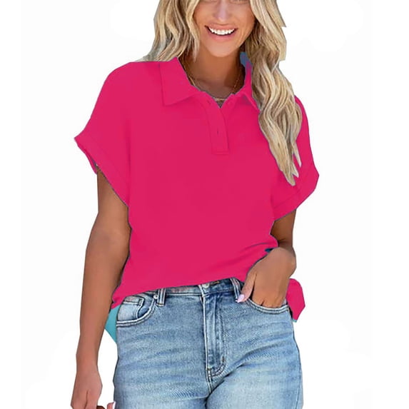 lulshou Women Plus Size Tops Short Sleeve Lapel Top Solid Color Slim Pullover T-shirt Casual Summer Pullover Tops Basic Tee