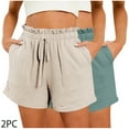 thumbnail image 1 of lulshou Women's 2PC Double Cotton Wrinkle Solid Color Shorts Fashion Comfortable Elastic Waist with Pocket Shorts, 1 of 5