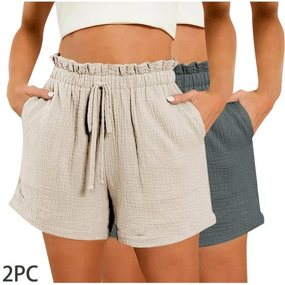 lulshou Women's 2PC Double Cotton Wrinkle Solid Color Shorts Fashion Comfortable Elastic Waist with Pocket Shorts