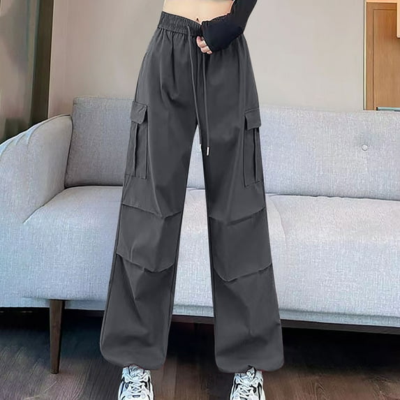 lulshou Women's Cargo Pants Solid Color Fashion Casual Wide Leg Pants Mid Waist with Pockets Cargo Pants Work Pants