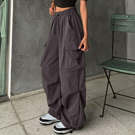 lulshou Women's Cargo Pants Solid Color Fashion Casual Wide Leg Pants Mid Waist with Pockets Cargo Pants Work Pants