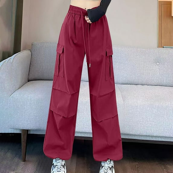 lulshou Women's Cargo Pants Solid Color Fashion Casual Wide Leg Pants Mid Waist with Pockets Cargo Pants Work Pants