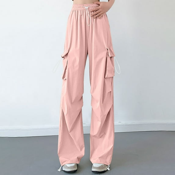 lulshou Women's Cargo Pants with Pockets Ice Silk Thin Solid Color Straight Leg Work Pants with Drawstring Trousers