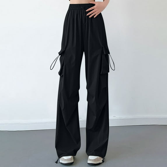 lulshou Women's Cargo Pants with Pockets Ice Silk Thin Solid Color Straight Leg Work Pants with Drawstring Trousers