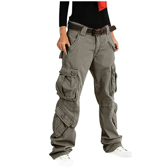 lulshou Women's Cargo Pants with Pockets Solid Color Mid-waist Pocket Loose Overalls Casual Work Pants Trousers