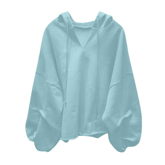 lulshou Women's Casual Hoodies Long Sleeve V-Neck Solid Lightweight Pullover Tops Loose Sweatshirt, Blue L