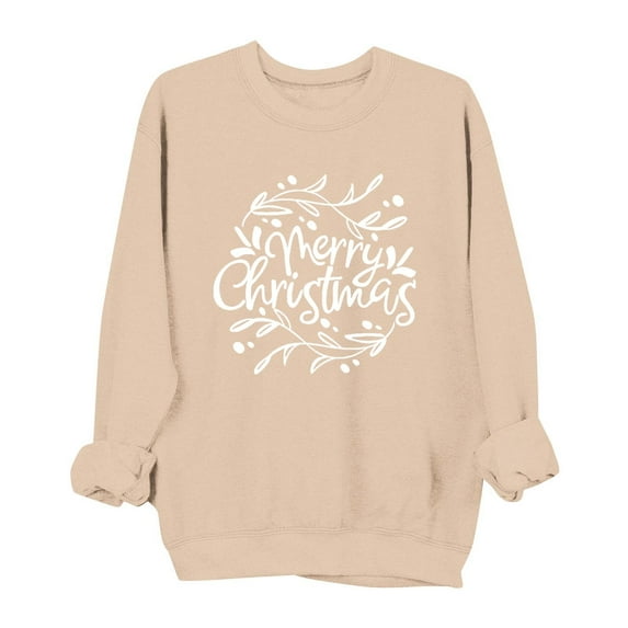 lulshou Women's Christmas Print Crewneck Sweatshirt Festive Holiday Long Sleeve Pullover Sweater Style Gift for Family, Beige, S