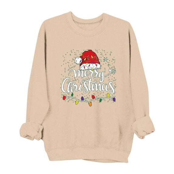 lulshou Women's Christmas Print Crewneck Sweatshirt Festive Holiday Long Sleeve Pullover Sweater Style Gift for Family, Beige, XL