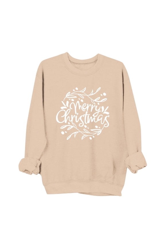 Women's Christmas Print Crewneck Sweatshirt Festive Holiday Long Sleeve Pullover Sweater Style Gift for Family, Beige, XS