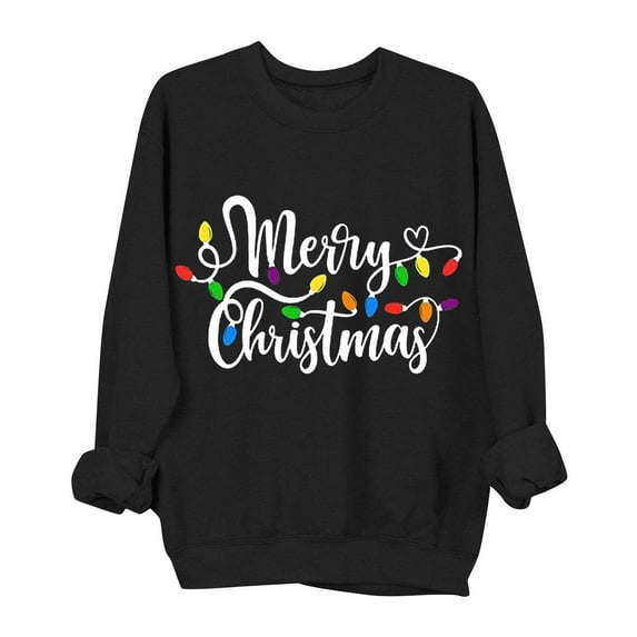 lulshou Women's Christmas Print Crewneck Sweatshirt Festive Holiday Long Sleeve Pullover Sweater Style Gift for Family, Black, M