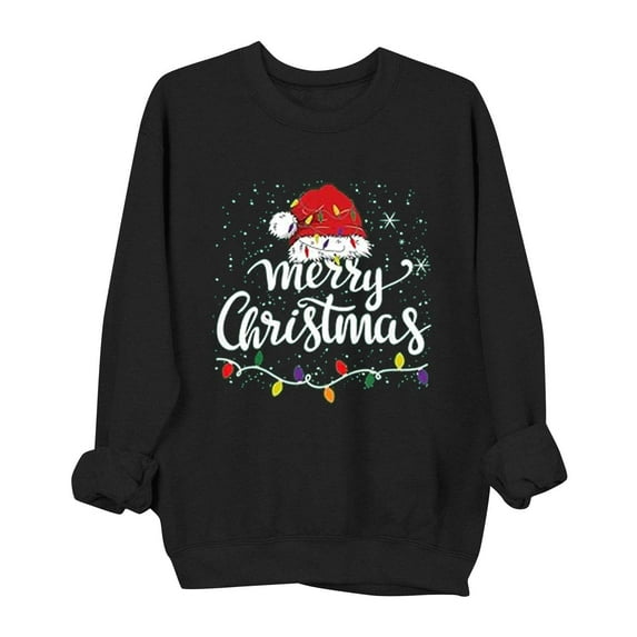lulshou Women's Christmas Print Crewneck Sweatshirt Festive Holiday Long Sleeve Pullover Sweater Style Gift for Family, Black, XL