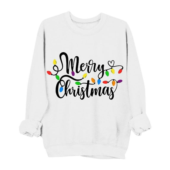 lulshou Women's Christmas Print Crewneck Sweatshirt Festive Holiday Long Sleeve Pullover Sweater Style Gift for Family, White, XL