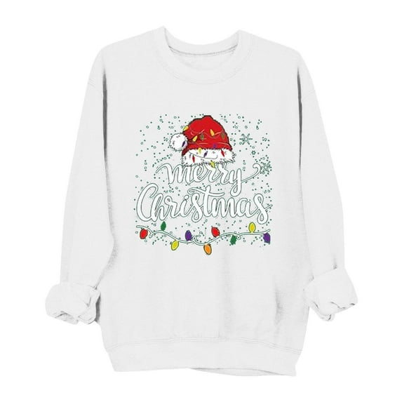 lulshou Women's Christmas Print Crewneck Sweatshirt Festive Holiday Long Sleeve Pullover Sweater Style Gift for Family, White, XS