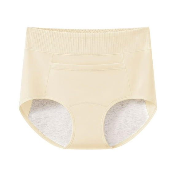 lulshou Women's Cotton Mid-High Waist Underwear Three-Layer Leak-Proof with Pocket Soft, Breathable & Skin-Friendly, Ideal for Menstrual Period & Overnight Wear, Beige, L