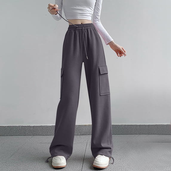 lulshou Women's Fashion Cargo Pants Solid Color Velvet with Drawstring Wide Leg Workwear Pants Casual Work Pants Trousers