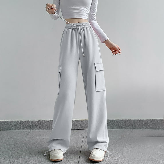 lulshou Women's Fashion Cargo Pants Solid Color Velvet with Drawstring Wide Leg Workwear Pants Casual Work Pants Trousers