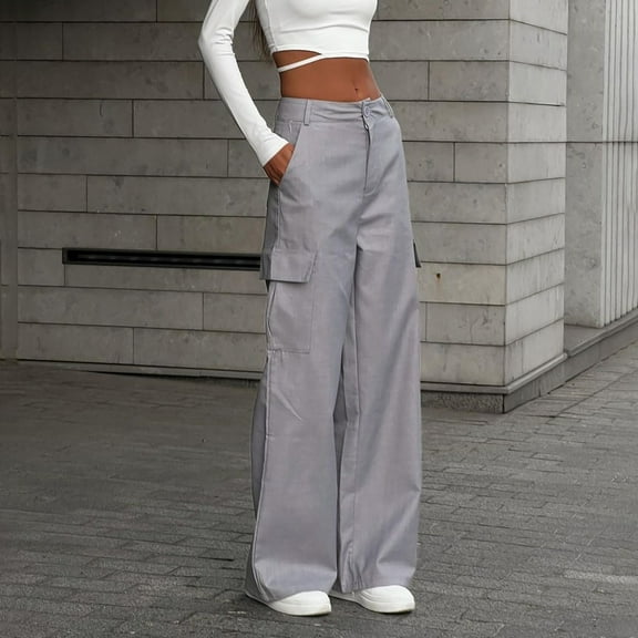 lulshou Women's Fashion Style Cargo Pants Straight Slim Work Pants Trousers Pants Casual Cargo Pants with Pockets