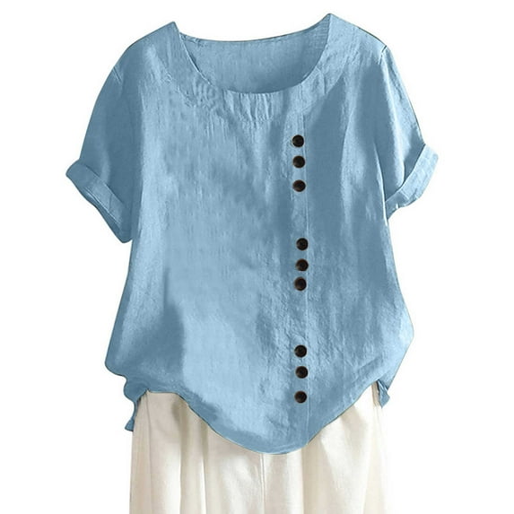 lulshou Women's Fashion Summer Button Linen Shirt Round Neck Short Sleeve Leisure Comfy Tops Solid Color Buttons Summer Casual Tops