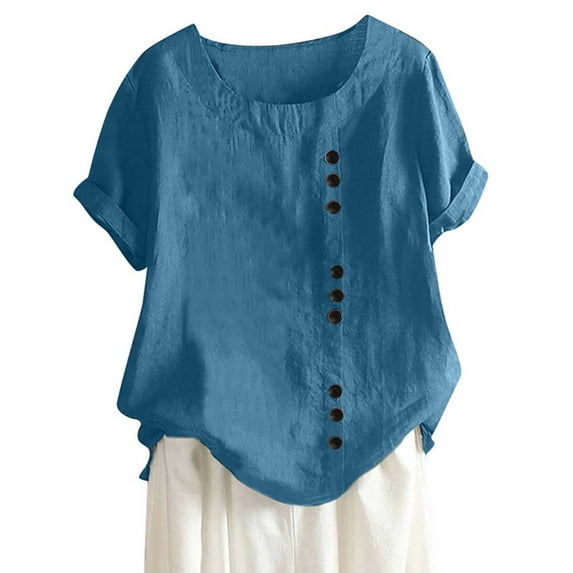 lulshou Women's Fashion Summer Button Linen Shirt Round Neck Short Sleeve Leisure Comfy Tops Solid Color Buttons Summer Casual Tops