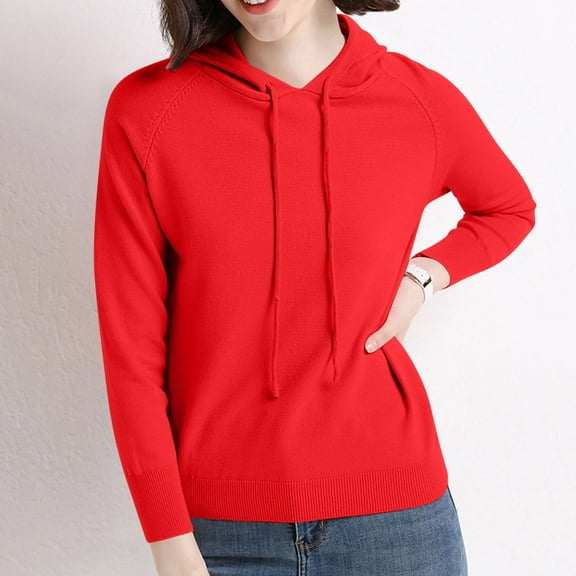 lulshou Women's Long Sleeve Drawstring Hoodies Sweatshirt Casual Loose Lightweight Pullover Tops with Pocket, Red L