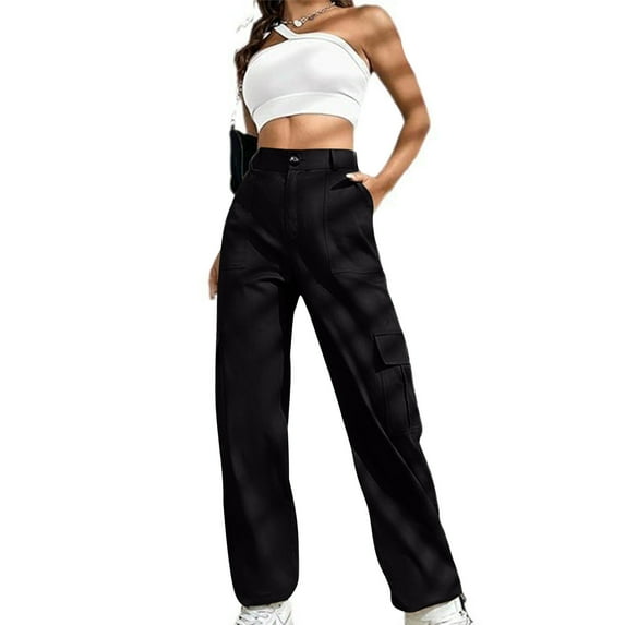 lulshou Women's New Plus Size Cargo Pants Straight Solid Color Button Multi-Pocket Casual Drawstring Work Pants Trousers