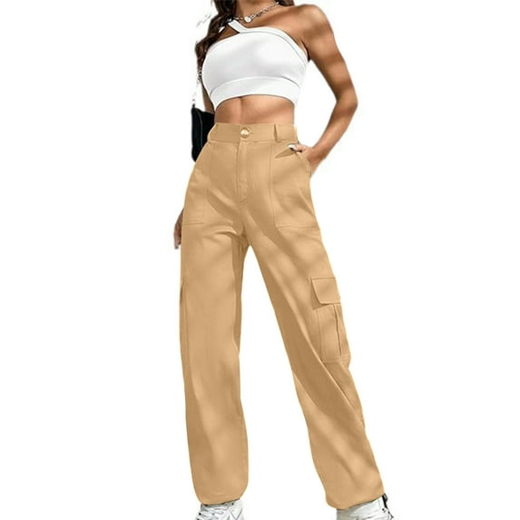lulshou Women's New Plus Size Cargo Pants Straight Solid Color Button Multi-Pocket Casual Drawstring Work Pants Trousers