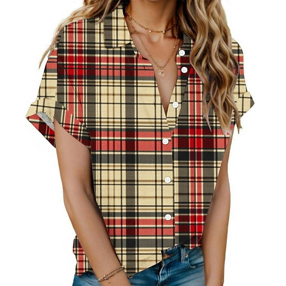 lulshou Women's Plaid Shirt Fashion Button Shirt Female Lapel Neck Short Sleeves Loose T-shirt Blouse Trendy Casual Checkered Blouse Tops Summer Shirts