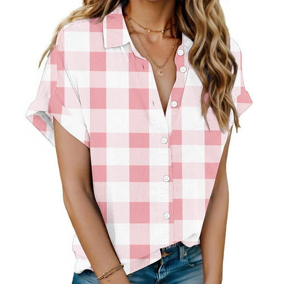 lulshou Women's Plaid Shirt Fashion Button Shirt Female Lapel Neck Short Sleeves Loose T-shirt Blouse Trendy Casual Checkered Blouse Tops Summer Shirts