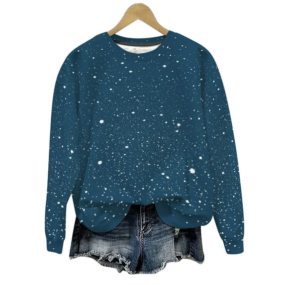 lulshou Women's Print Sweatshirt - Lightweight Casual Crewneck Pullover, Long Sleeve Bling Shirt for Casual, Dark Blue, L