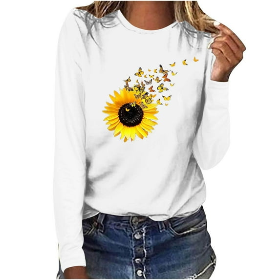 lulshou Women's Printed Long Sleeve T-Shirt Soft Casual Crewneck Top with Fashion Graphic, Comfortable Everyday Blouse for Relaxed Wear, White, XL