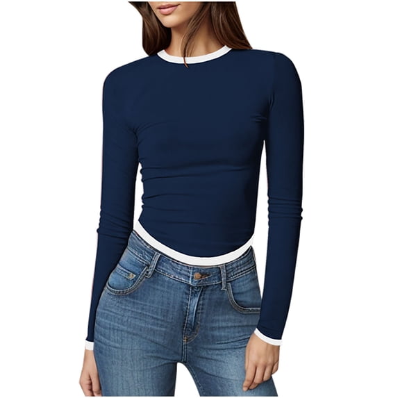 lulshou Women's Slim Fit Cropped Pullover Solid Color Long Sleeve Crewneck Contrast Top, Navy, M