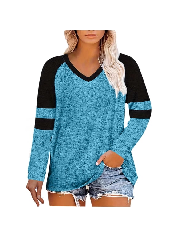 Women's Spring/Fall Plus Size Casual Color Block Blouse/Top Long Sleeve V-Neck Shirt Plus Size Clothes for Women, XXL