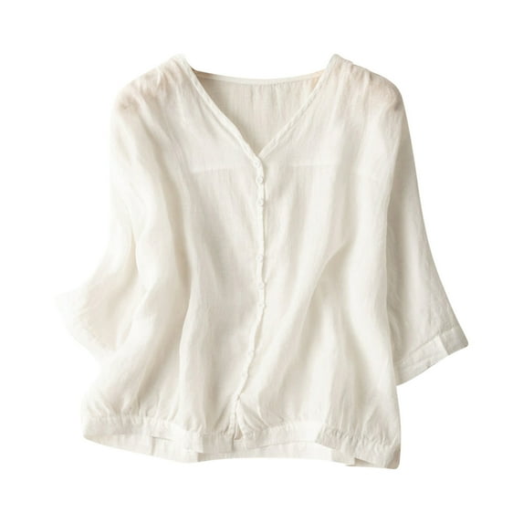 lulshou Women's Three Quarter Sleeved Cotton Linen Thin Breathable Shirt Top Short Sleeve Tops for Women XXXL