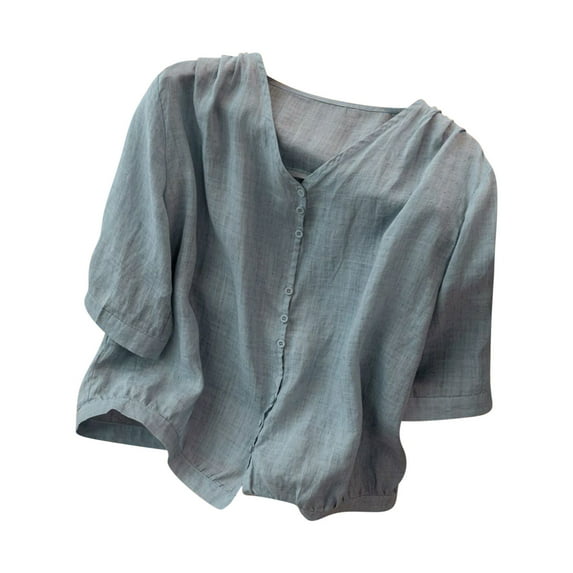 lulshou Women's Three Quarter Sleeved Cotton Linen Thin Breathable Shirt Top Short Sleeve Tops for Women XXXL