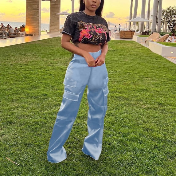 lulshou Womens Cargo Pants Mid Waist with Pocket Overalls Casual Pants Spring Summer Wide Leg Cargo Pants Business Work Pants