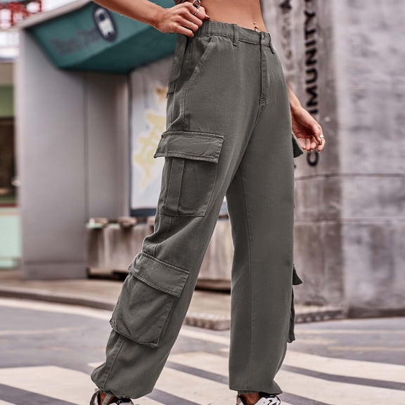 lulshou Womens Cargo Pants with Pockets Spring Summer Mid Waist Pocket Denim Work Pants Casual Work Pants Trousers