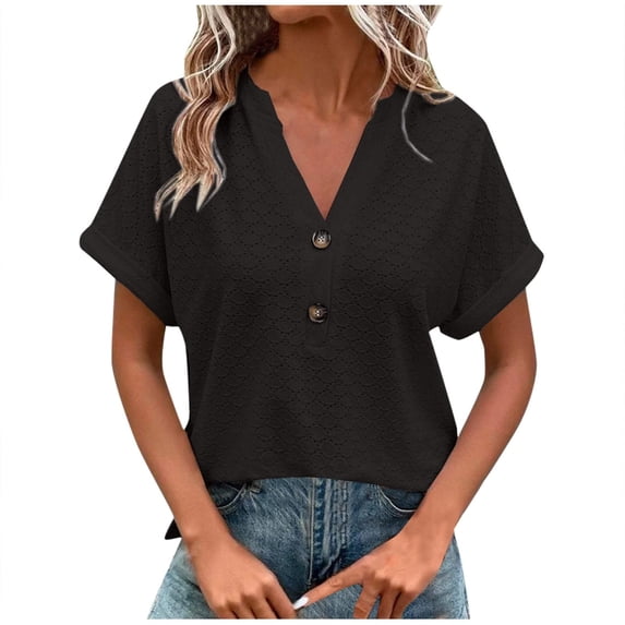 lulshou Womens Plus Size Tops V-Neck Button Casual Tunic Short Sleeve Tees Ladies Fashion Casual Solid Color Button T-shirt Summer Casual Tops