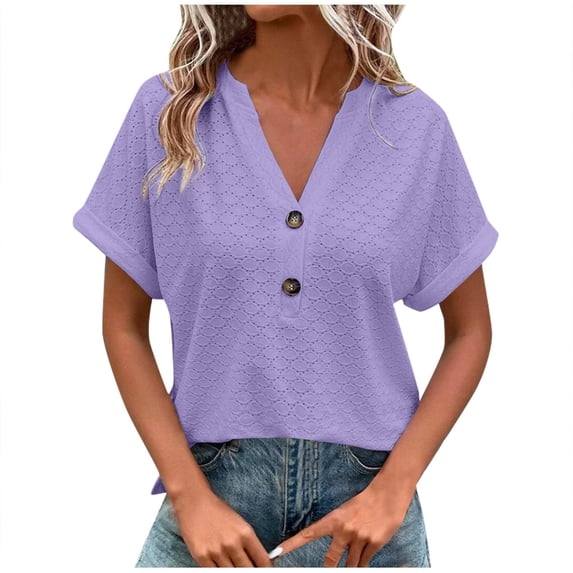 lulshou Womens Plus Size Tops V-Neck Button Casual Tunic Short Sleeve Tees Ladies Fashion Casual Solid Color Button T-shirt Summer Casual Tops