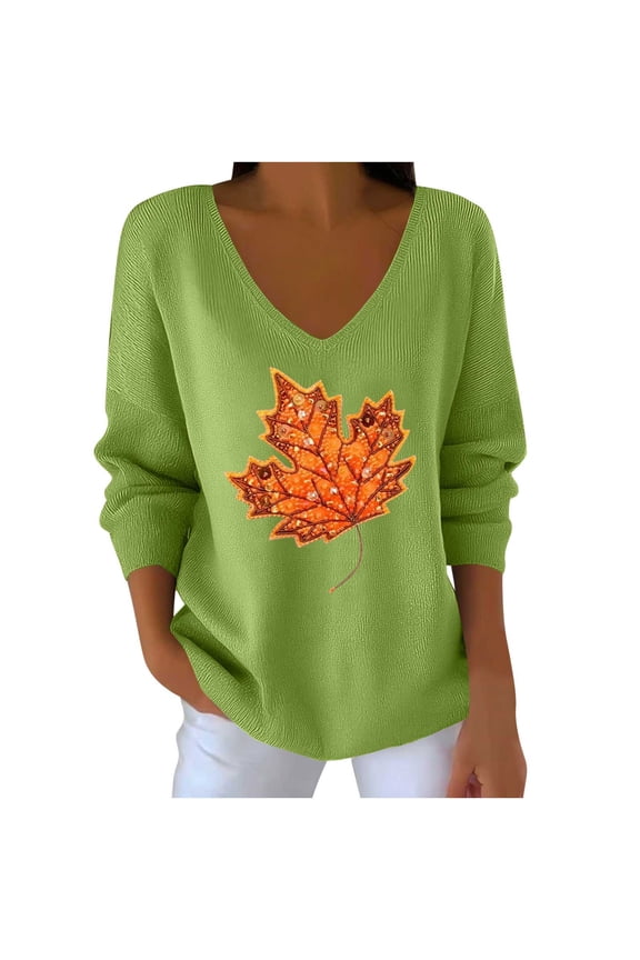 Womens Tops Maple Leaf Print Pullover V-Neck Lightweight Sweater Long Sleeve Soft Comfortable Top for Fall & Spring, Green, XXL