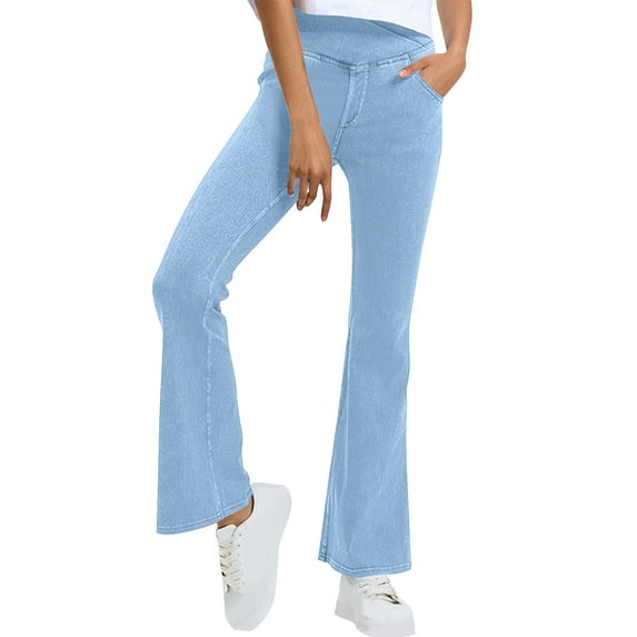 lulshou Yoga Pants Women's Solid Color Lifting High-Waisted Stretchy Yoga Workout Leggings Flared Leg for Yoga, Gym & Daily Light Activities, Light Blue, S